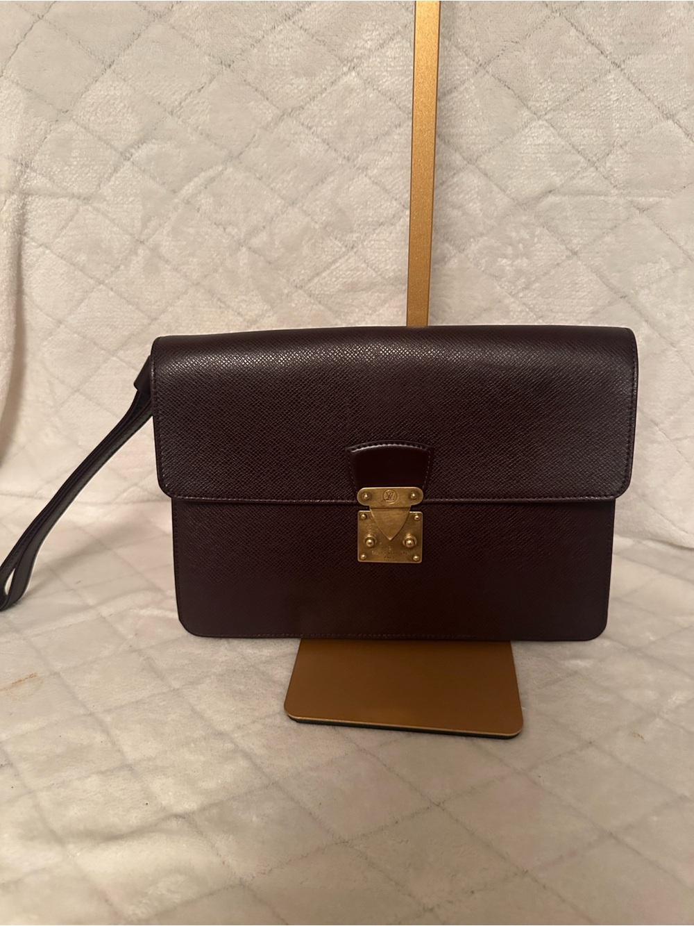 Louis Vuitton Taiga Pouchette Clutch Bag in Burgundy with Gold Hardware